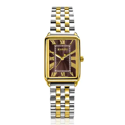 ZINZI Elegance horloge 28mm bruine wijzerplaat en rechthoekige kast stalen bicolor schakelband Japans uurwerk ZIW1936 bij ZINZI