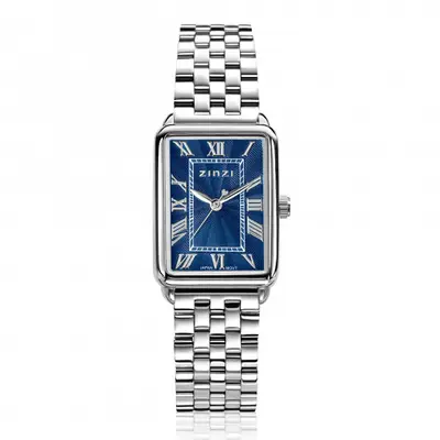 ZINZI Elegance horloge blauwe wijzerplaat en rechthoekige kast stalen schakelband 28mm extra dun ZIW1955 bij ZINZI