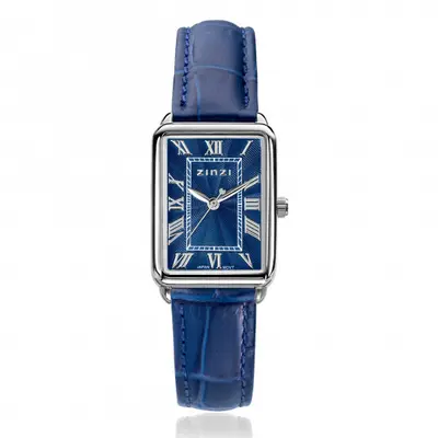 ZINZI Elegance horloge blauwe wijzerplaat en rechthoekige stalen kast met blauwe leren band 28mm extra dun ZIW1955B bij ZINZI