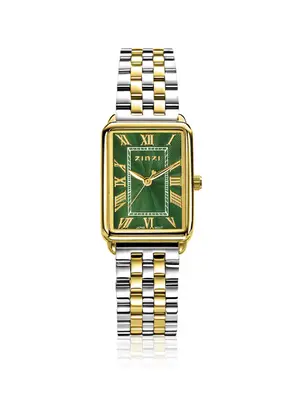 ZINZI Elegance horloge groene wijzerplaat en rechthoekige kast stalen bicolor schakelband 28mm extra dun ZIW1935 bij ZINZI