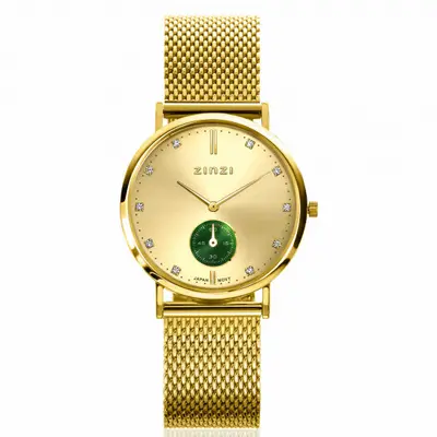 ZINZI Glam horloge groene wijzerplaat stalen kast geelgoudkleurig stalen mesh band geelgoudkleurig 34mm extra dun ZIW535M bij ZINZI