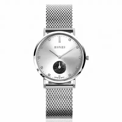 ZINZI Glam horloge zilverkleurige wijzerplaat stalen kast stalen mesh band grijze chrono 34mm extra dun ZIW539M bij ZINZI