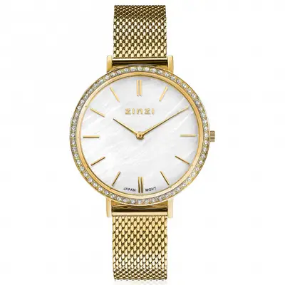 ZINZI horloge GRACE 34mm wit parelmoer wijzerplaat, rondom bezet met witte crystals, goudkleurige stalen kast en band ziw1334 bij ZINZI