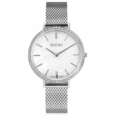 ZINZI horloge GRACE 34mm wit parelmoer wijzerplaat, rondom bezet met witte crystals, stalen kast en band ziw1317 bij ZINZI