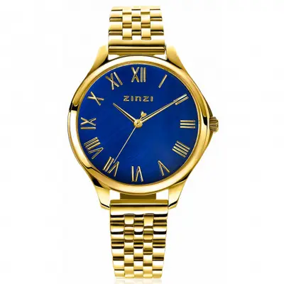 ZINZI horloge JULIA 34mm donkerblauwe parelmoer wijzerplaat romeinse cijfers goudkleurige stalen kast en band ziw1147 bij ZINZI