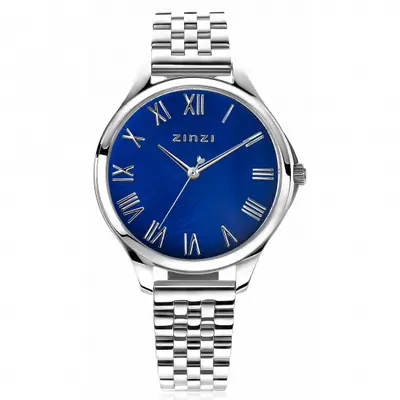 ZINZI horloge JULIA 34mm donkerblauwe parelmoer wijzerplaat romeinse cijfers stalen kast en band ZIW1146 bij ZINZI