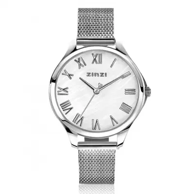 ZINZI horloge JULIA 34mm wit parelmoer wijzerplaat romeinse cijfers stalen kast en meshband ZIW1117M bij ZINZI