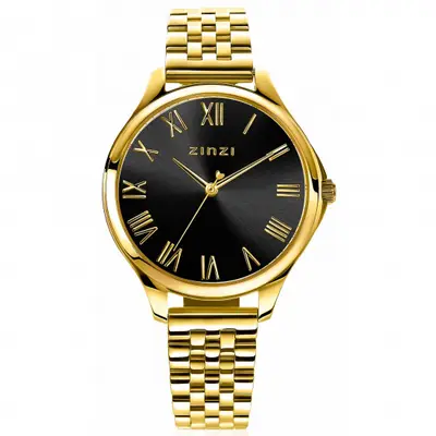 ZINZI horloge JULIA 34mm zwarte wijzerplaat romeinse cijfers goudkleurige stalen kast en band ziw1143 bij ZINZI
