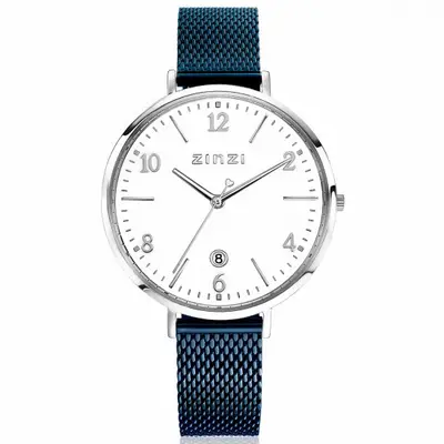 ZINZI horloge SOPHIE witte wijzerplaat met datum, stalen kast 38mm, stalen blauwe mesh band 14mm ZIW1406BM bij ZINZI