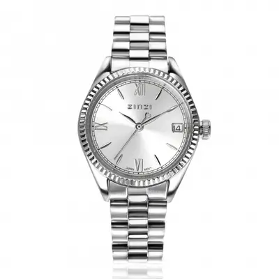 ZINZI Iconic horloge 30mm met datum, gekartelde rand, zilverkleurige wijzerplaat en stalen schakelband ZIW2202 bij ZINZI