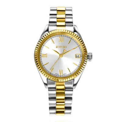 ZINZI Iconic horloge 30mm met datum, goudgekleurde gekartelde rand, zilverkleurige wijzerplaat en stalen bicolor schakelband ZIW2233 bij ZINZI