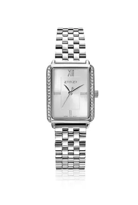 ZINZI Lucia horloge 28mm rechthoekige kast, bezet met witte zirkonia's en zilverkleurige wijzerplaat, stalen schakelband ZIW2302 bij ZINZI