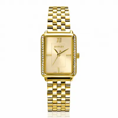 ZINZI Lucia horloge 28mm rechthoekige kast, bezet met witte zirkonia's en goudkleurige wijzerplaat, stalen schakelband ZIW2310 bij ZINZI