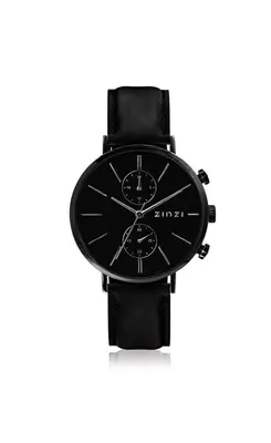 ZINZI Man watch Traveller black zwarte wijzerplaat matzwarte stalen kast zwarte leren band 39mm dual time ZIW750 bij ZINZI