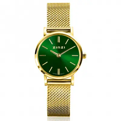 ZINZI Retro Mini horloge groene wijzerplaat, geelgoudkleurige kast en stalen mesh band, 24mm extra dun ZIW1835 bij ZINZI