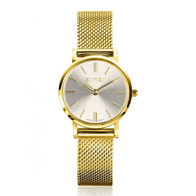 ZINZI Retro Mini horloge zilvergekleurde wijzerplaat, geelgoudkleurige kast en stalen mesh band, 24mm extra dun ZIW1833 bij ZINZI