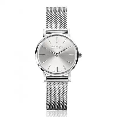 ZINZI Retro Mini horloge zilvergekleurde wijzerplaat, zilverkleurige kast en stalen mesh band, 24mm extra dun ZIW1802 bij ZINZI