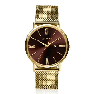 ZINZI Roman horloge 34mm bruine wijzerplaat geelgoudkleurige stalen kast en mesh band Japans uurwerk ZIW536M bij ZINZI