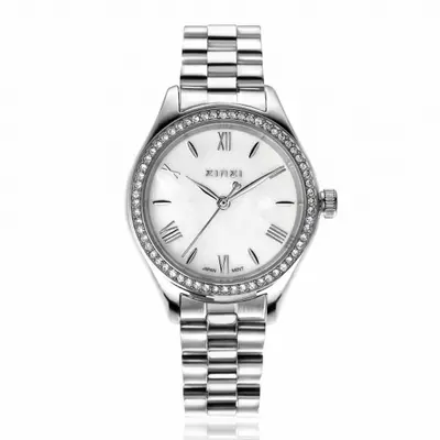 ZINZI Tresor horloge 32mm bezet met witte zirkonia's, parelmoer wijzerplaat en zilverkleurige stalen kast en schakelband ZIW2417 bij ZINZI