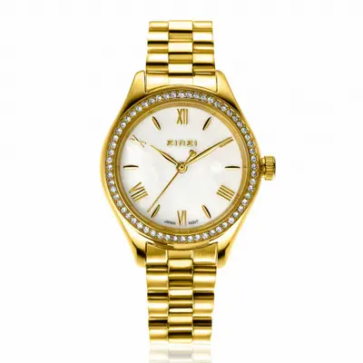 ZINZI Tresor horloge 32mm bezet met witte zirkonia's, parelmoer wijzerplaat en goudkleurige stalen kast en schakelband ZIW2434 bij ZINZI