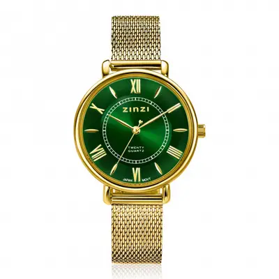 ZINZI Twenty horloge met groene wijzerplaat, geelgoudkleurige stalen kast 34mm en stalen meshband ZIW2054 bij ZINZI