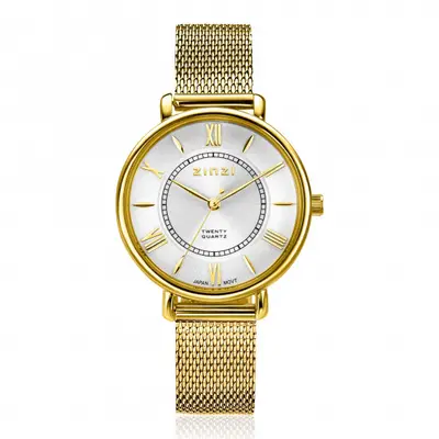ZINZI Twenty horloge met zilverkleurige wijzerplaat, geelgoudkleurige kast 34mm en stalen meshband ZIW2033 bij ZINZI