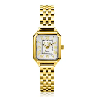 ZINZI Vintage horloge 24mm achthoekige geelgoudkleurige kast, zilverkleurige wijzerplaat, geelgoudkleurige stalen band en Japans uurwerk ZIW2633 bij ZINZI