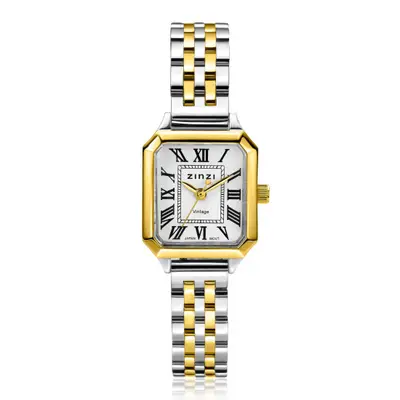 ZINZI Vintage horloge 24mm achthoekige geelgoudkleurige kast, witte wijzerplaat, bicolor stalen band en Japans uurwerk ZIW2607 bij ZINZI