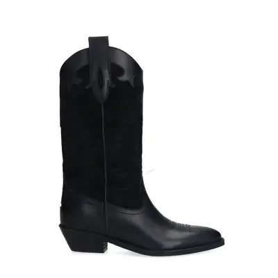 Zwarte leren cowboylaarzen met sierstiksels bij Sacha