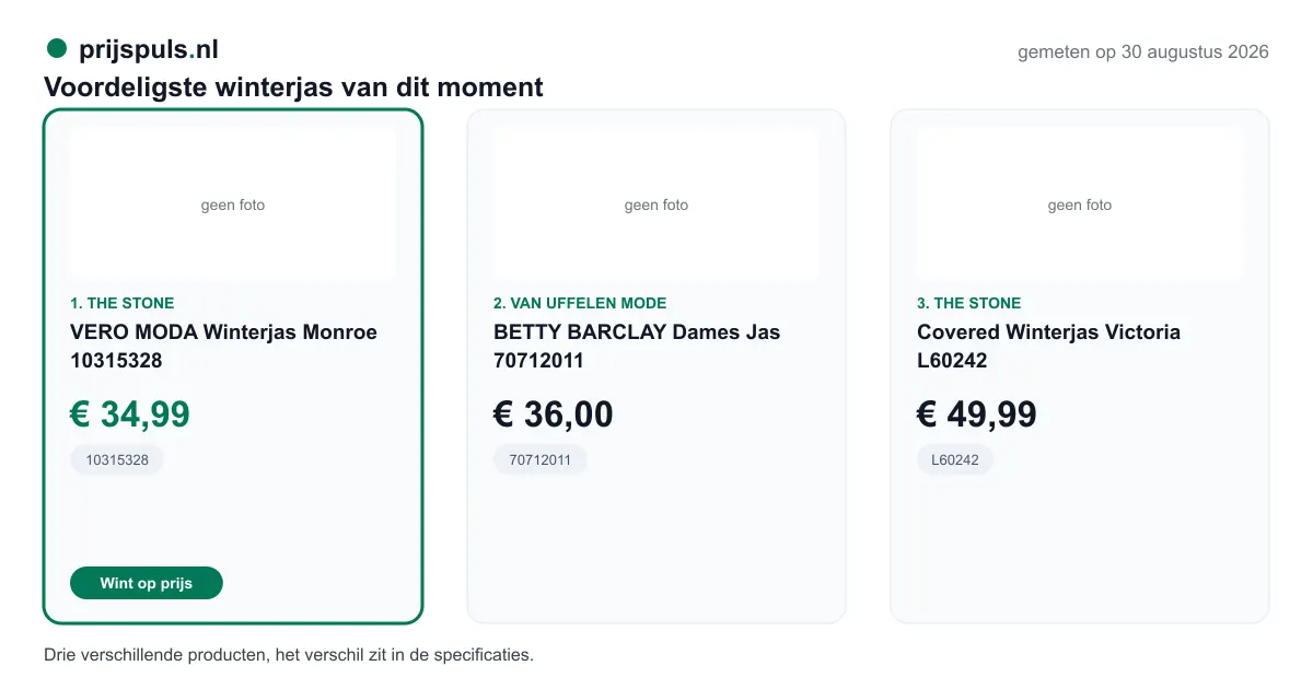 Voordeligste winterjas op 30 augustus 2026, zelf gemeten: 1. VERO MODA Winterjas Monroe 10315328 € 34,99 bij The Stone (voordeligste); 2. BETTY BARCLAY Dames Jas 70712011 € 36,00 bij Van Uffelen Mode; 3. Covered Winterjas Victoria L60242 € 49,99 bij The Stone. Drie verschillende producten, het verschil zit in de specificaties.