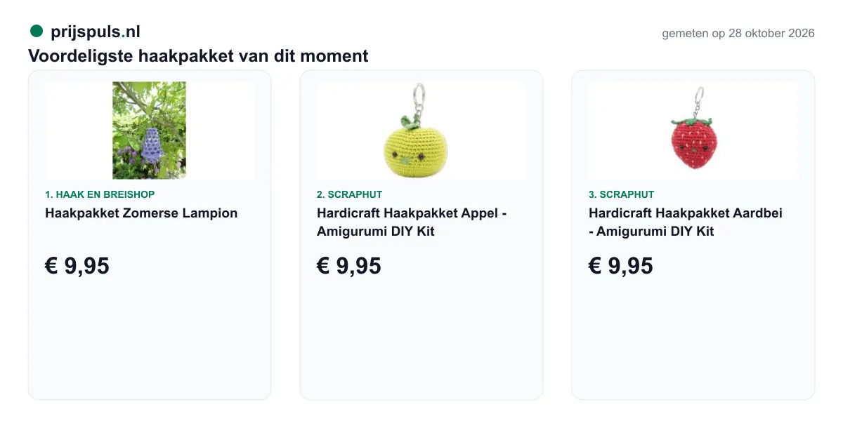 Voordeligste haakpakket op 28 oktober 2026, zelf gemeten: 1. Haakpakket Zomerse Lampion € 9,95 bij Haak en Breishop; 2. Hardicraft Haakpakket Appel - Amigurumi DIY Kit € 9,95 bij Scraphut; 3. Hardicraft Haakpakket Aardbei - Amigurumi DIY Kit € 9,95 bij Scraphut.