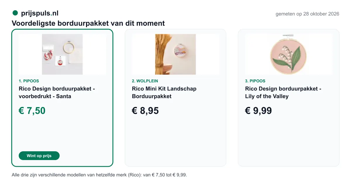 Voordeligste borduurpakket op 28 oktober 2026, zelf gemeten: 1. Rico Design borduurpakket - voorbedrukt - Santa € 7,50 bij Pipoos (voordeligste); 2. Rico Mini Kit Landschap Borduurpakket € 8,95 bij Wolplein; 3. Rico Design borduurpakket - Lily of the Valley € 9,99 bij Pipoos. Alle drie zijn verschillende modellen van hetzelfde merk (Rico): van € 7,50 tot € 9,99.