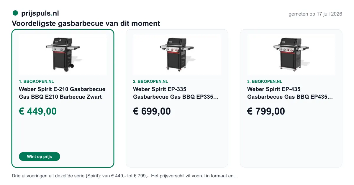 Voordeligste gasbarbecue vandaag, zelf gemeten: 1. Weber Spirit E-210 Gasbarbecue Gas BBQ E210 Barbecue Zwart € 449,00 bij BBQkopen.nl (voordeligste); 2. Weber Spirit EP-335 Gasbarbecue Gas BBQ EP335 Barbecue Zwar… € 699,00 bij BBQkopen.nl; 3. Weber Spirit EP-435 Gasbarbecue Gas BBQ EP435 Barbecue Zwar… € 799,00 bij BBQkopen.nl. Drie uitvoeringen uit dezelfde serie (Spirit): van € 449,- tot € 799,-. Het prijsverschil zit vooral in formaat en extra functies, vergelijk de titels.