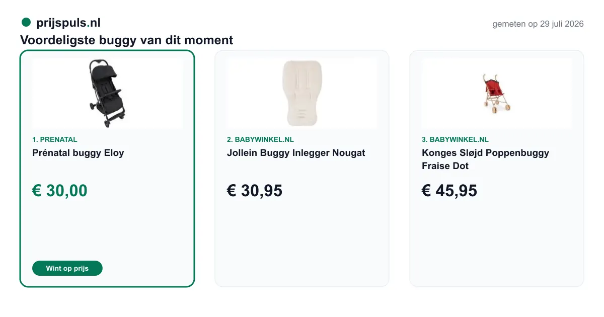 Voordeligste buggy vandaag, zelf gemeten: 1. Prénatal buggy Eloy € 30,00 bij Prenatal (voordeligste); 2. Jollein Buggy Inlegger Nougat € 30,95 bij Babywinkel.nl; 3. Konges Sløjd Poppenbuggy Fraise Dot € 45,95 bij Babywinkel.nl.